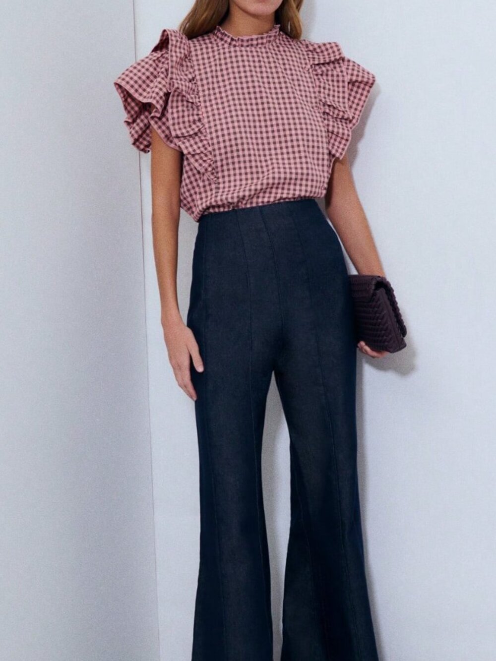 Blue Casual Women's Plaid Stand Collar Flutter Sleeves Top